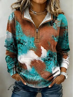 Retro Turquoise Texture Print Casual Half-zip Cotton Sweatshirt