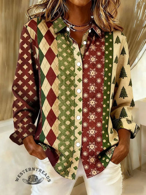 Women's Christmas Tree Print Casual Cotton Shirt