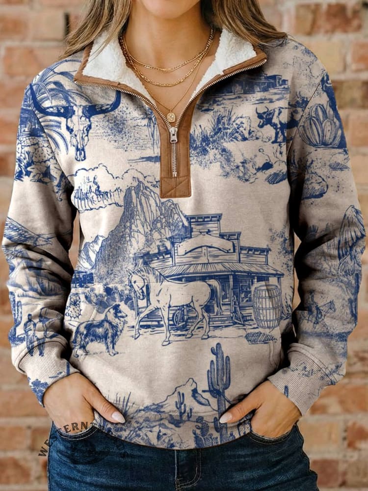 West Print Casual Half-zip Cotton Sweatshirt