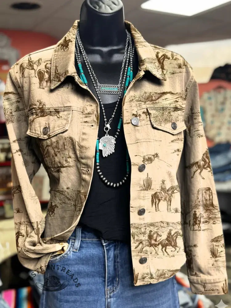 Vintage Western Print Casual Denim Jacket