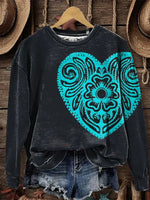 Turquoise Floral Heart Art Casual Cotton Sweatshirt