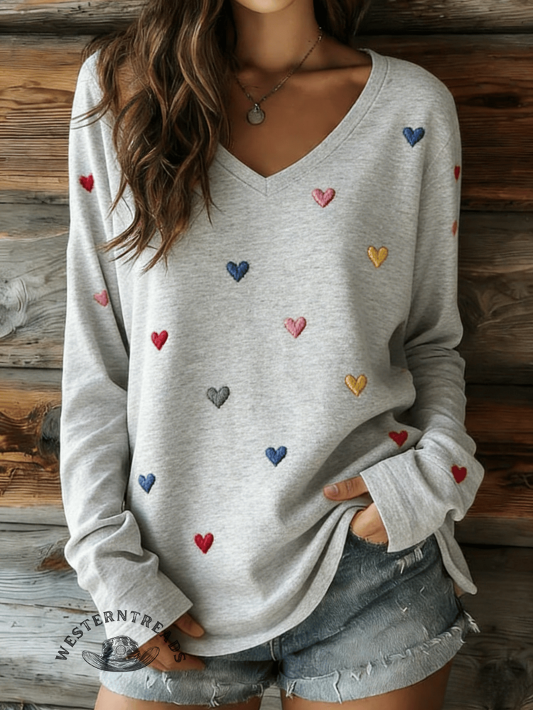 100% Cotton🍃Women'S Casual V-neck Long Sleeve T-shirt With Heart Embroidery