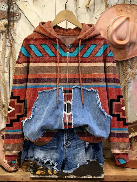 Retro Western Print Casual Cotton Patchwork Hooded Zip-up Sweatshirt