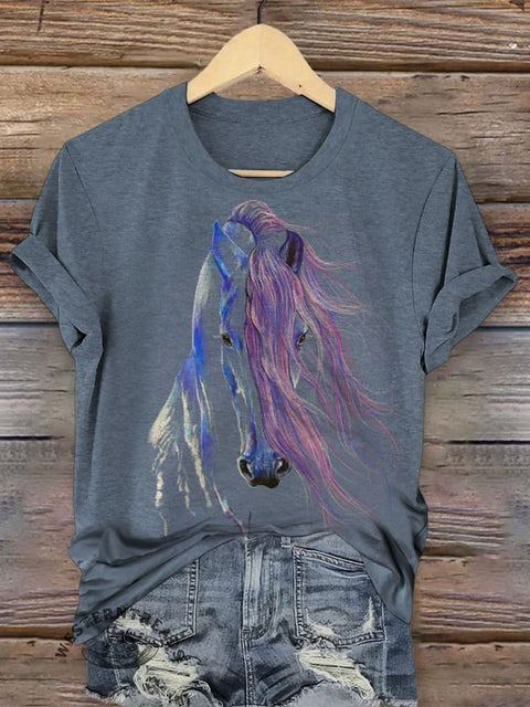 Retro Horse Art Print Casual T-shirt