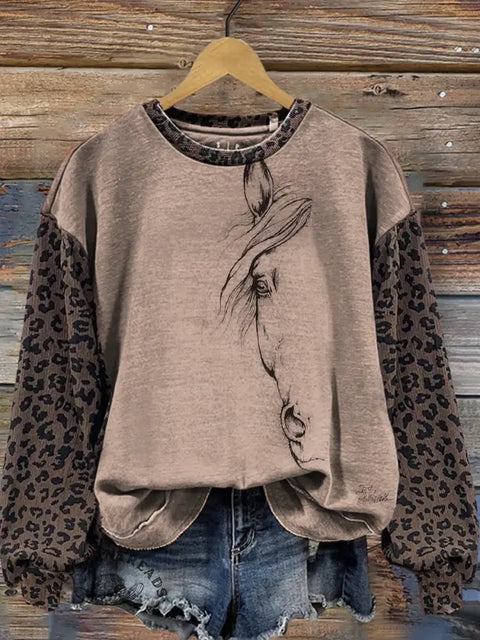 Retro Horse Print Casual Cotton Leopard Print Sweatshirt