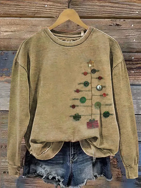 Retro Button Embroidered Visual Christmas Tree Casual Cotton Sweatshirt