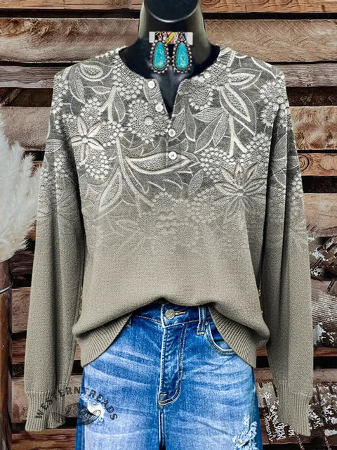 Retro Gradient Lace Visual Flower Print Buttoned Cardigan Sweater