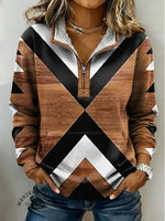 Brown Aztec Print Casual Half-zip Cotton Sweatshirt