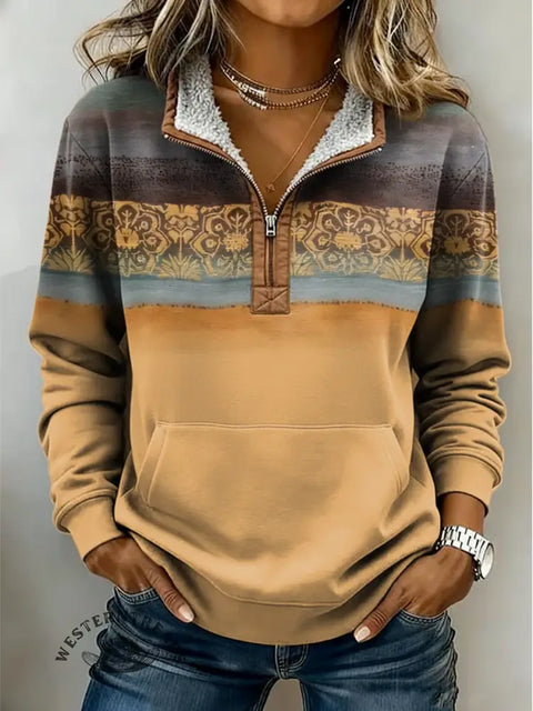 Casual Retro Art Print Half-Zip Cotton Sweatshirt