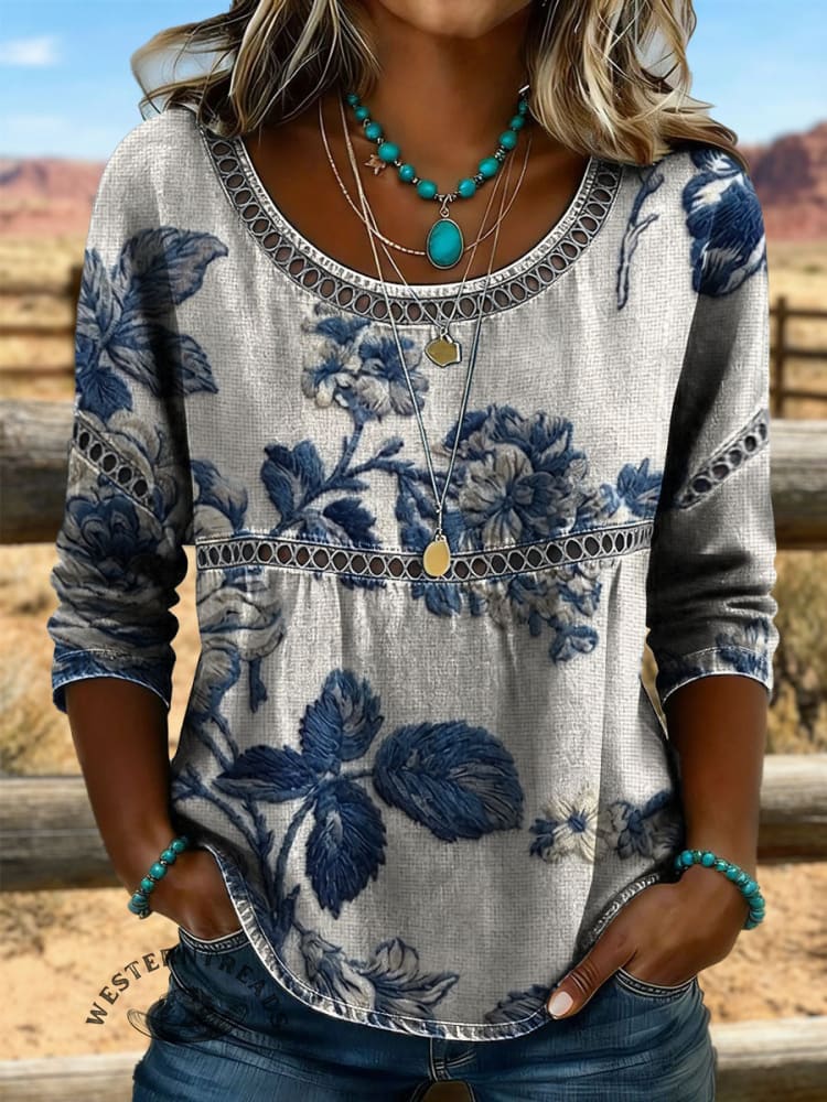 Vintage Art Hollow Design Lace Patchwork Flowers Shirt