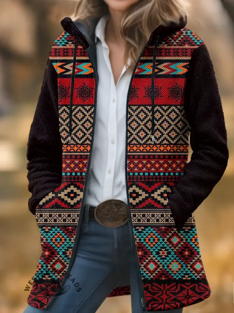 Retro Aztec Unisex Plush Thick Long-Sleeved Cardigan Coat