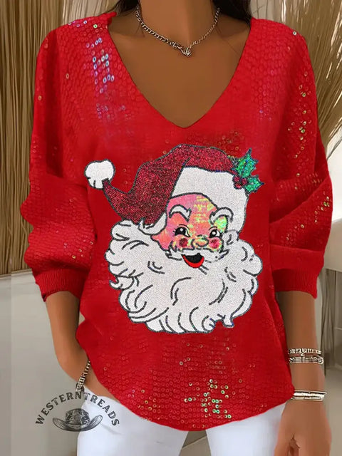 Elegant Contrast Color V-Neck Christmas Sweater