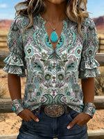 Women's Floral Cow Print Puff Sleeve Casual Shirt