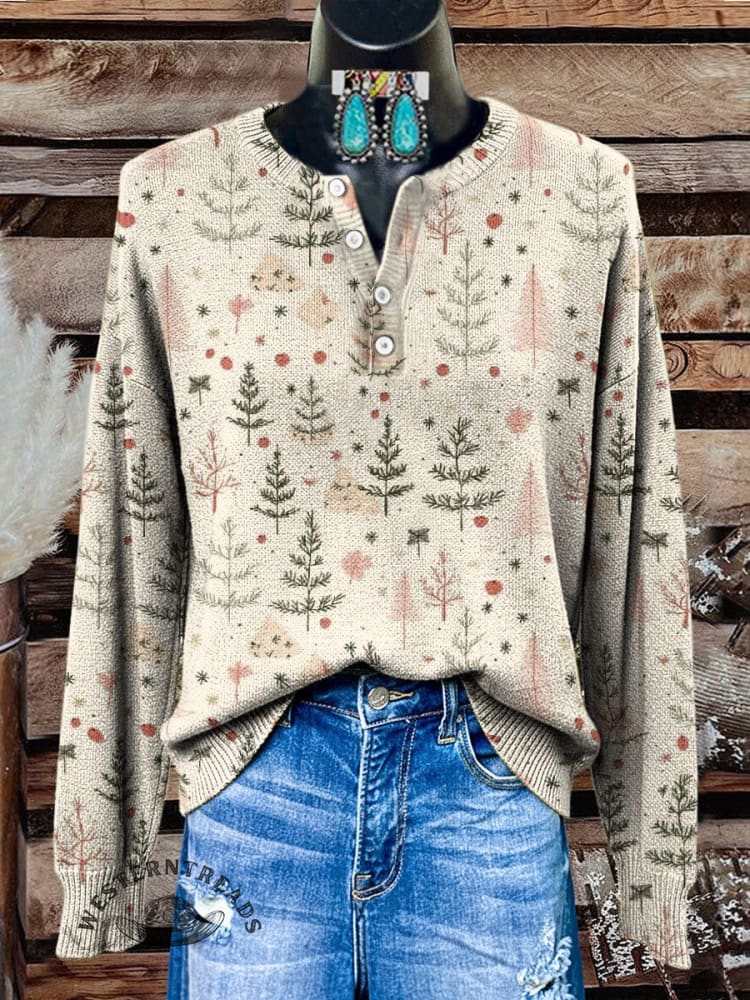 Vintage Christmas Art Print Buttoned Cardigan Sweater