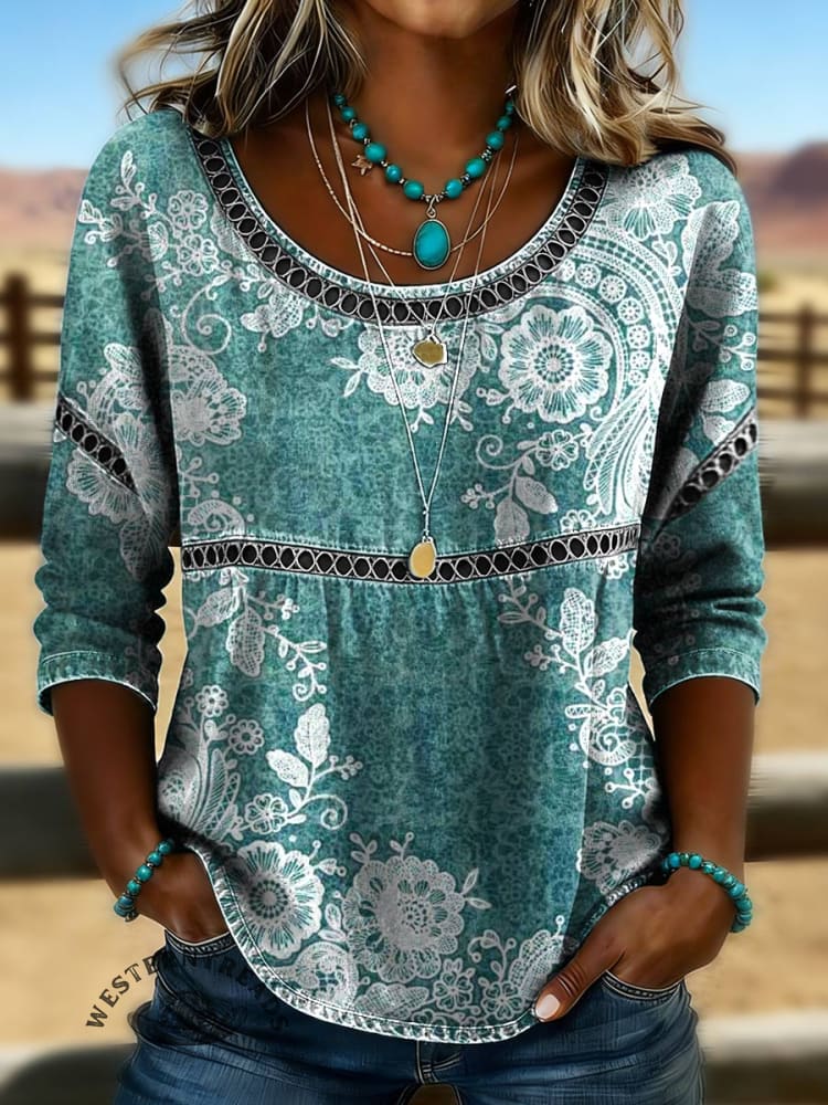 Women's Vintage Print Casual Hollow Denim Shirt
