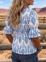 Vintage Art Print Patchwork Elastic Comfortable Summer Fabrics Puff Sleeve Casual Shirt