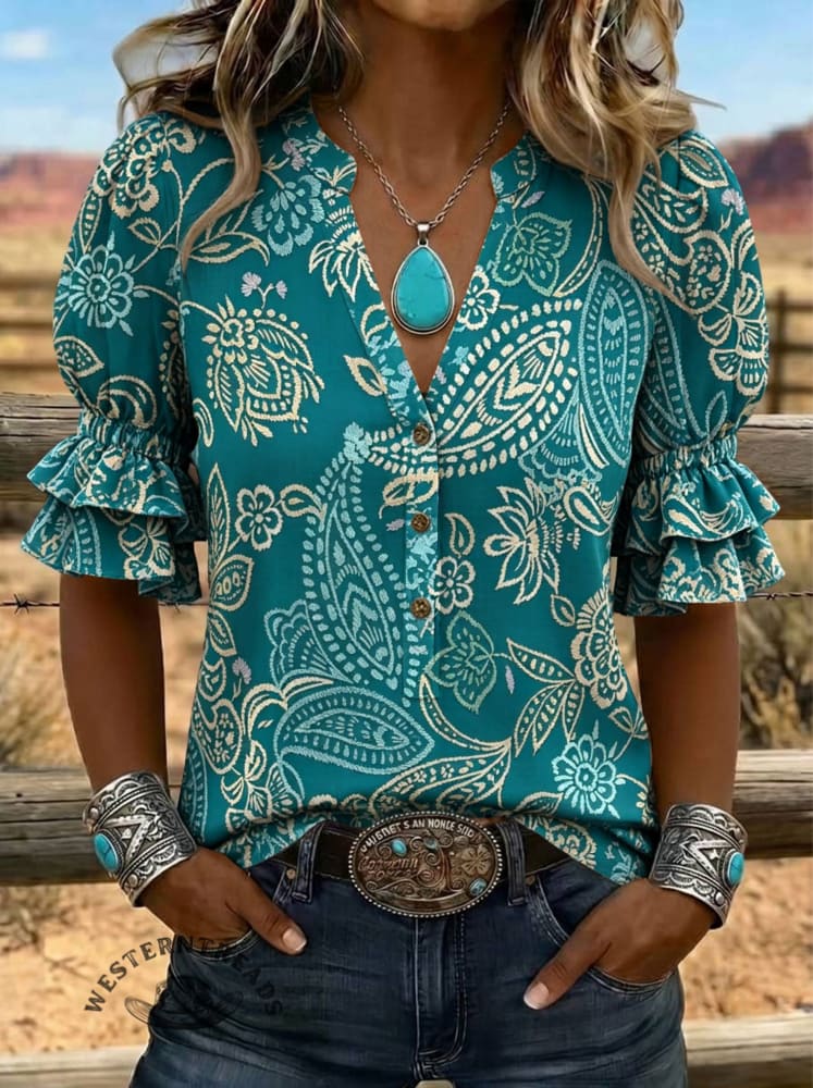 Women's Paisley Print Puff Sleeve Casual Shirt
