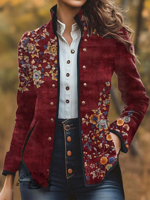 Women's Retro Floral Pattern Print Casual Jacket