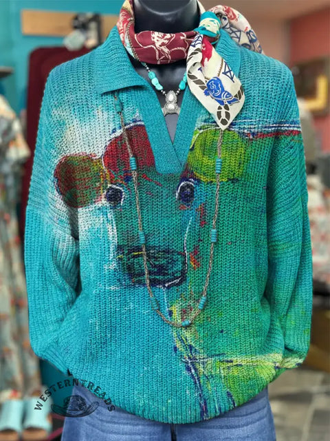 Women's Cow Art Print Casual Lapel Knitted Sweater