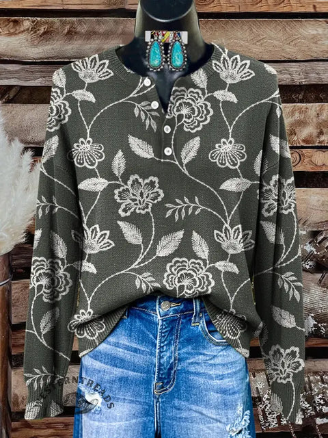 Retro Lace Visual Flower Print Buttoned Cardigan Sweater