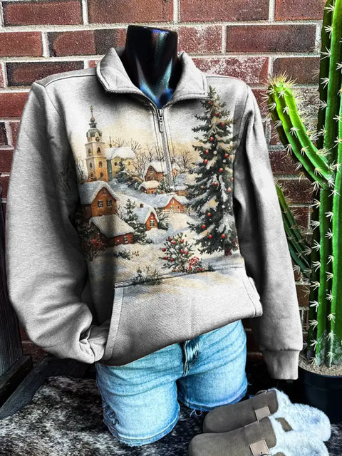 Christmas Art Print Casual Zip Sweatshirt