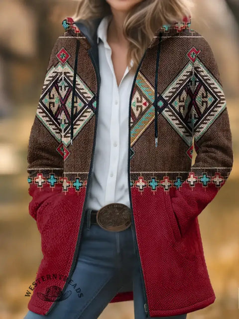 Retro Colorful Aztec Unisex Plush Thick Long-sleeved Cardigan Coat