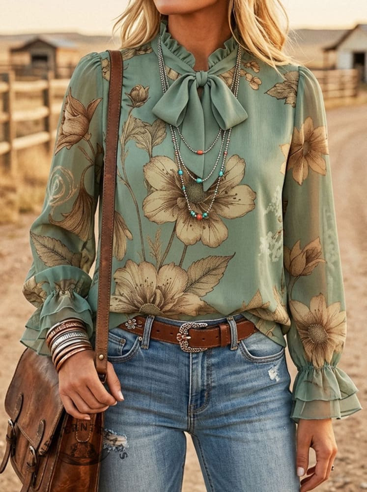 Women's Vintage Floral Print Casual Lace-up Ruffle Shirt