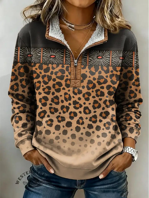 Retro Leopard Art Print Casual Half-Zip Cotton Sweatshirt