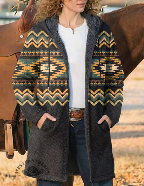 Aztec Print Unisex Plush Thick Long-sleeved Cardigan Coat