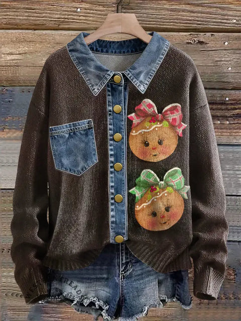 Cute Christmas Doll Print Patchwork Denim Knit Pullover Sweater