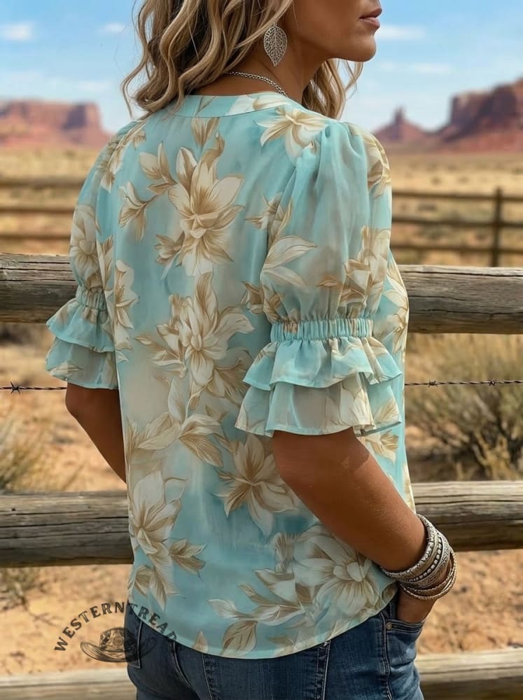 Vintage Floral Art Print V-neck Puff Sleeve Ruffle Shirt
