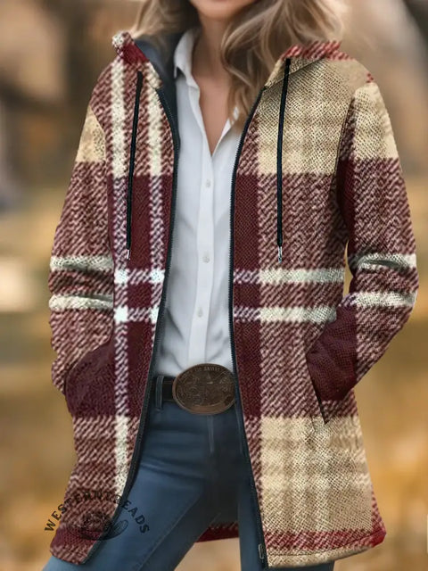 Plaid Print Unisex Plush Thick Long-sleeved Cardigan Coat