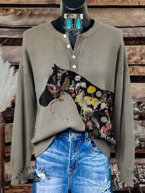 Retro Horse Print Buttoned Cardigan Sweater