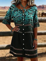 Vintage Print Casual Hollow-Out Denim Dress
