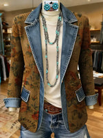 Retro Rose Flower Art Print Patchwork Denim Sweater Cardigan Coat