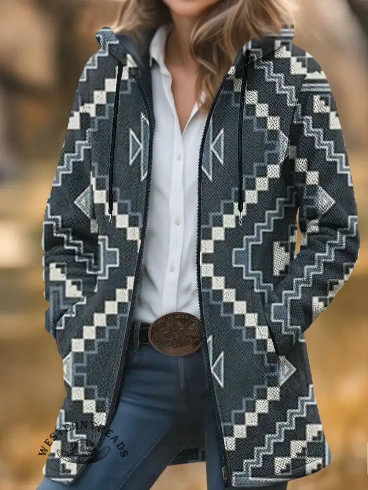 Aztec Print Unisex Plush Thick Long-Sleeved Cardigan Coat