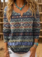 Women's Retro Art Print Henley Neck Sweater