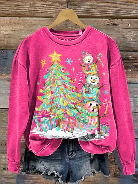Colorful Christmas tree and snowman Casual Cotton Sweatshirt