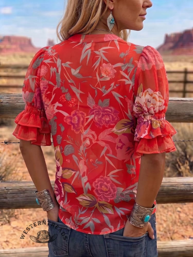 Vintage Art Print Comfortable Summer Fabrics Puff Sleeve Casual Shirt