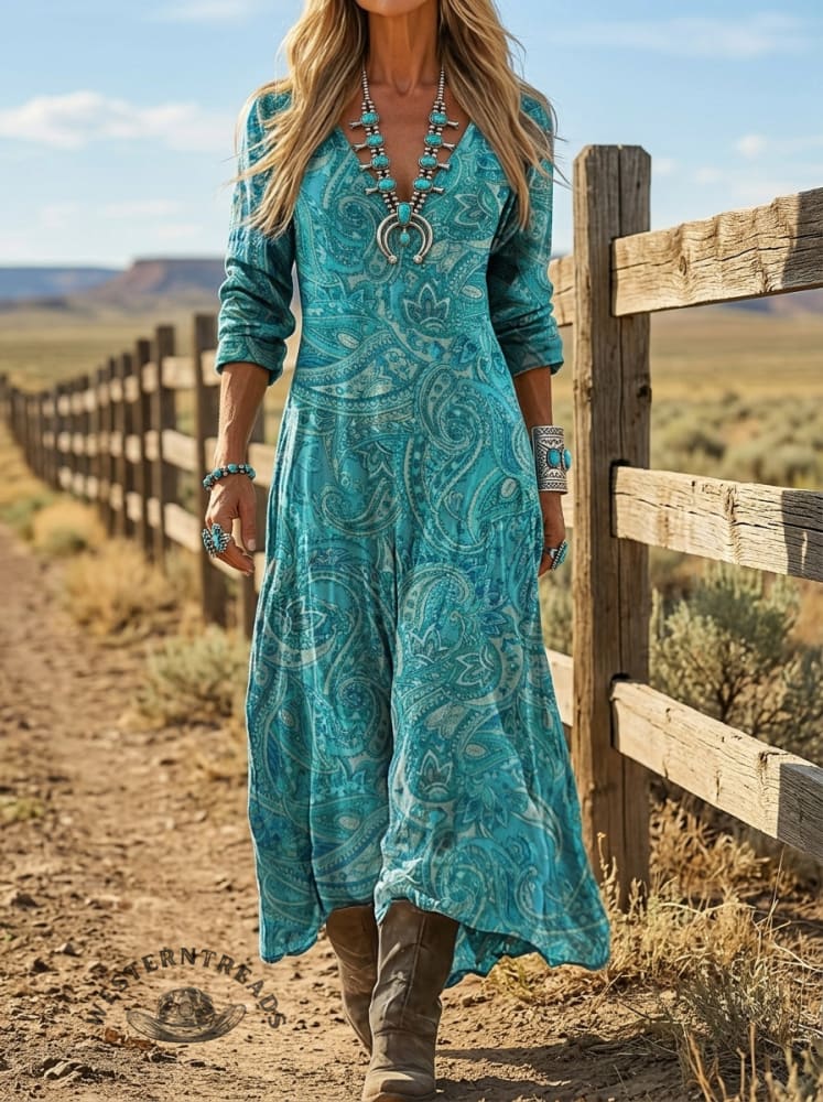 Women's Vintage Paisley Print Casual V-Neck Dress