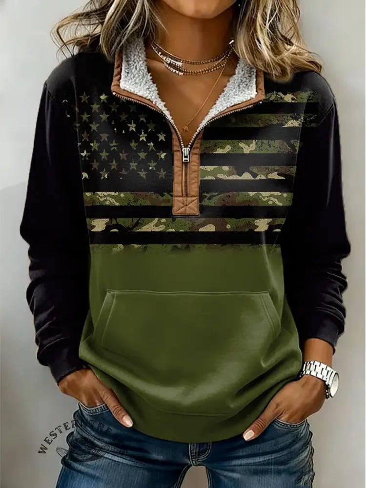 Women's Camouflage Print Casual Color-blocked Casual Half-zip Cotton Sweatshirt