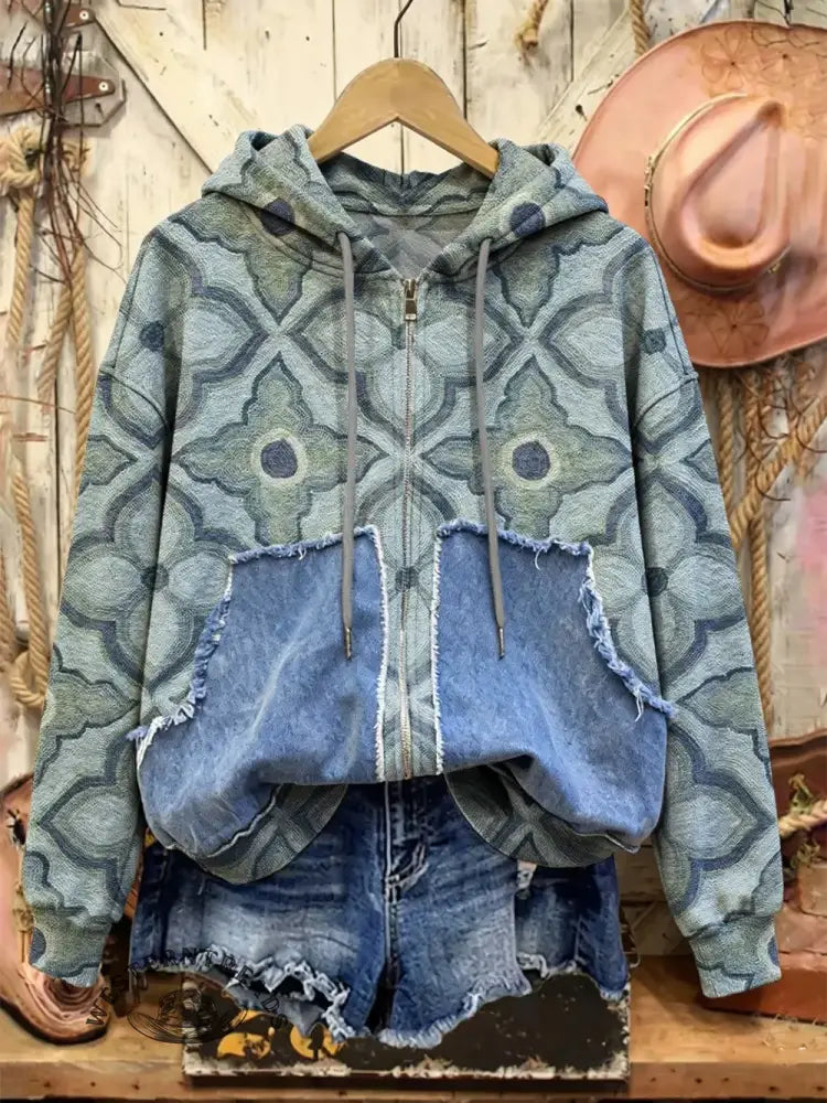 Retro Print Casual Cotton Patchwork Hooded Zip-up Sweatshirt