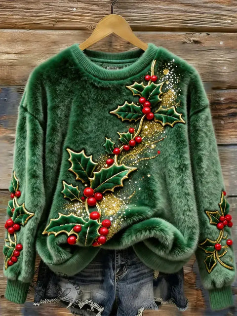 Women's Christmas Holly Embroidered Art Print Cozy Plush Sweater