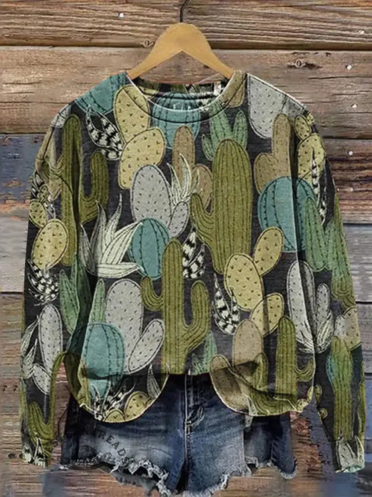 Retro Cactus Art Print Casual Sweatshirt