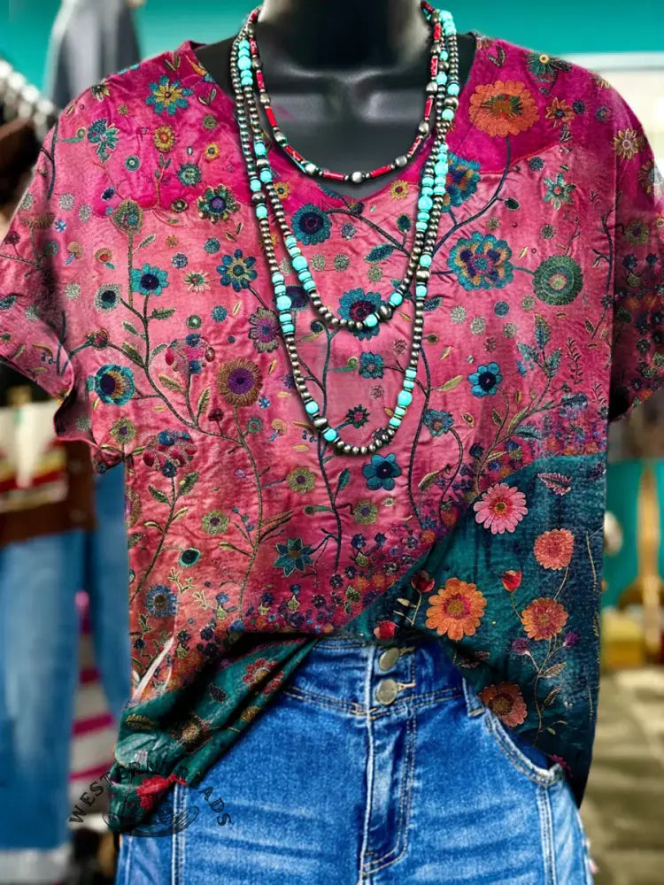Vintage Flower Pattern V-neck T-shirt
