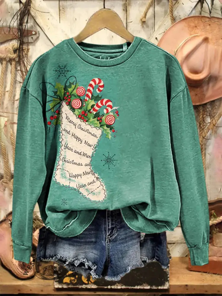 Vintage Christmas Pattern Casual Cotton Sweatshirt