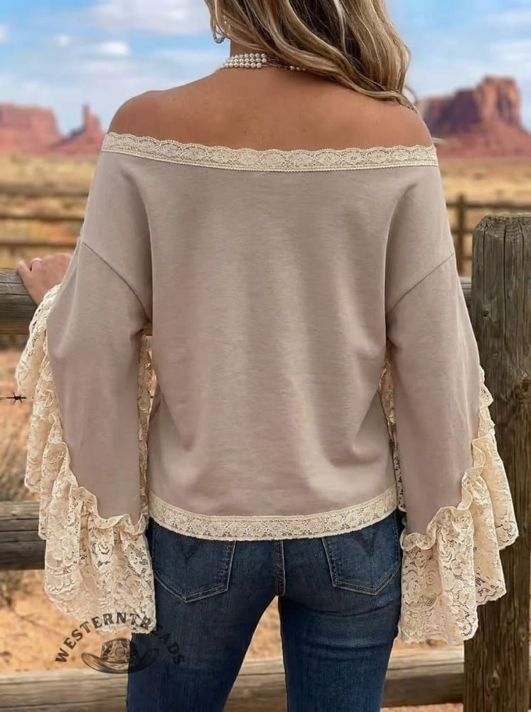 Romantic Lace Patchwork Bell Sleeve Top - Off-Shoulder Blouse