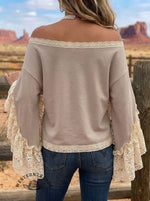 Romantic Lace Patchwork Bell Sleeve Top - Off-Shoulder Blouse