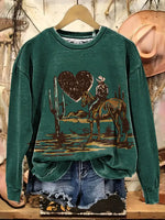 Retro Western Horse Heart Print Casual Cotton Sweatshirt