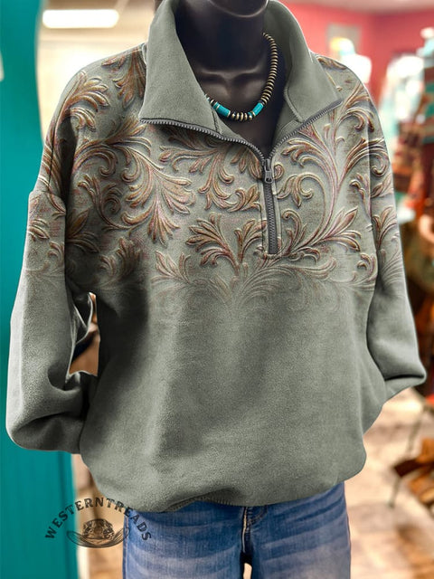 Floral Pattern Art Print Casual Long-Sleeve Zipper Pullover Sweatshirt